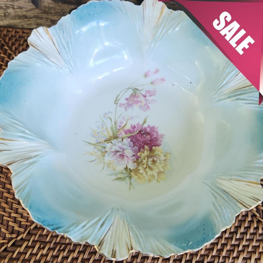 Prussia Porcelain Serving Bowl 1800s | Antique French Blue Gold Gilt Floral 11" - Picture 5 of 16